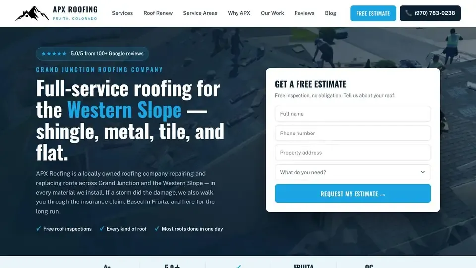 The roofapx.com homepage